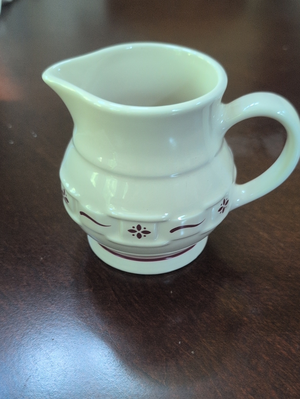 Longaberger Cream and Burgundy Pottery Marked Ceramic Pitcher